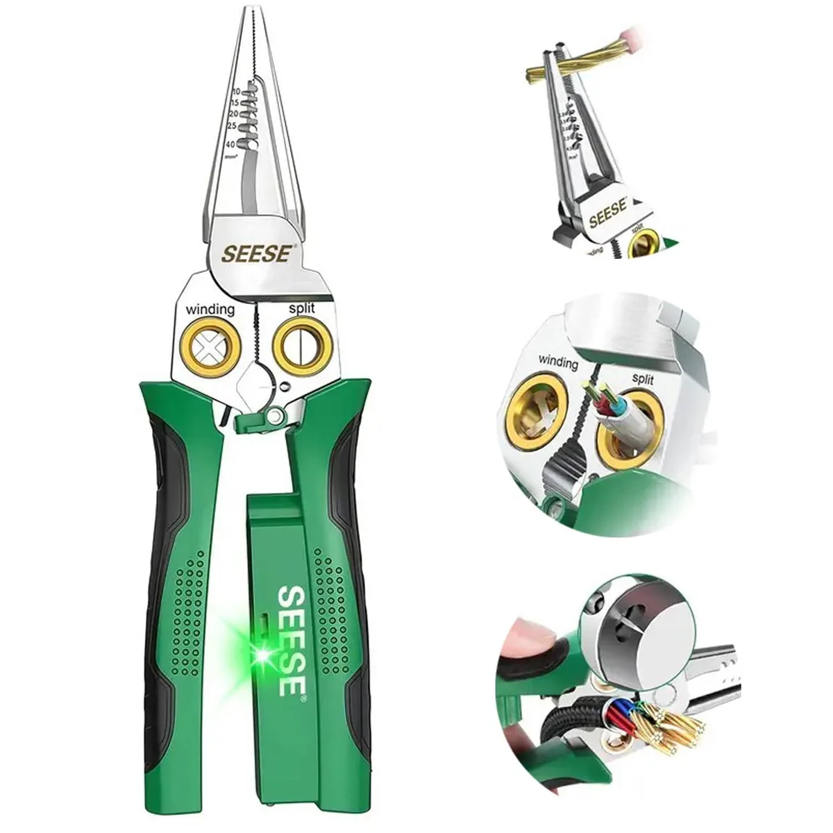 Green 8-in-1 wire stripper pliers with ergonomic grip