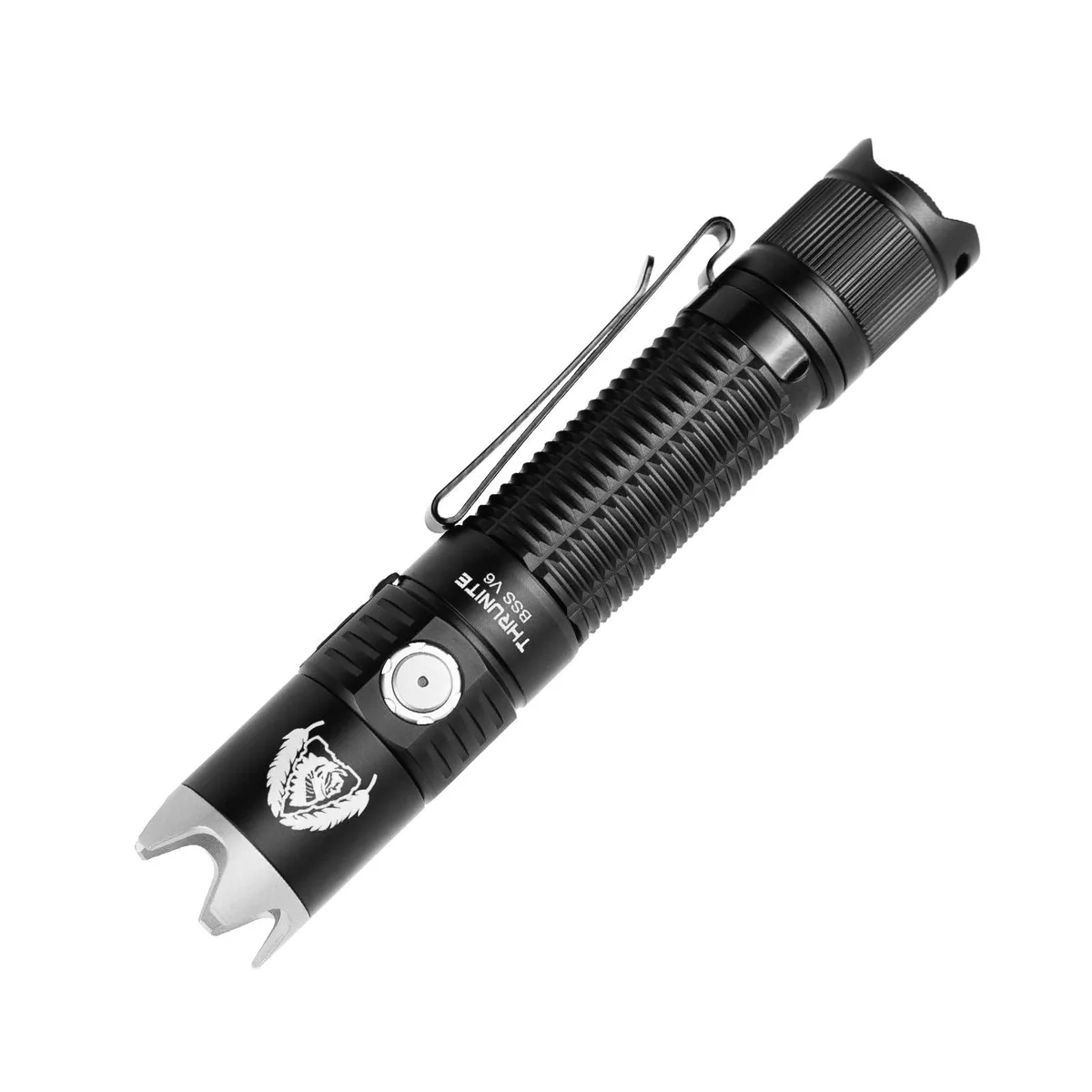 Black cylindrical flashlight with dual switches and USB-C port