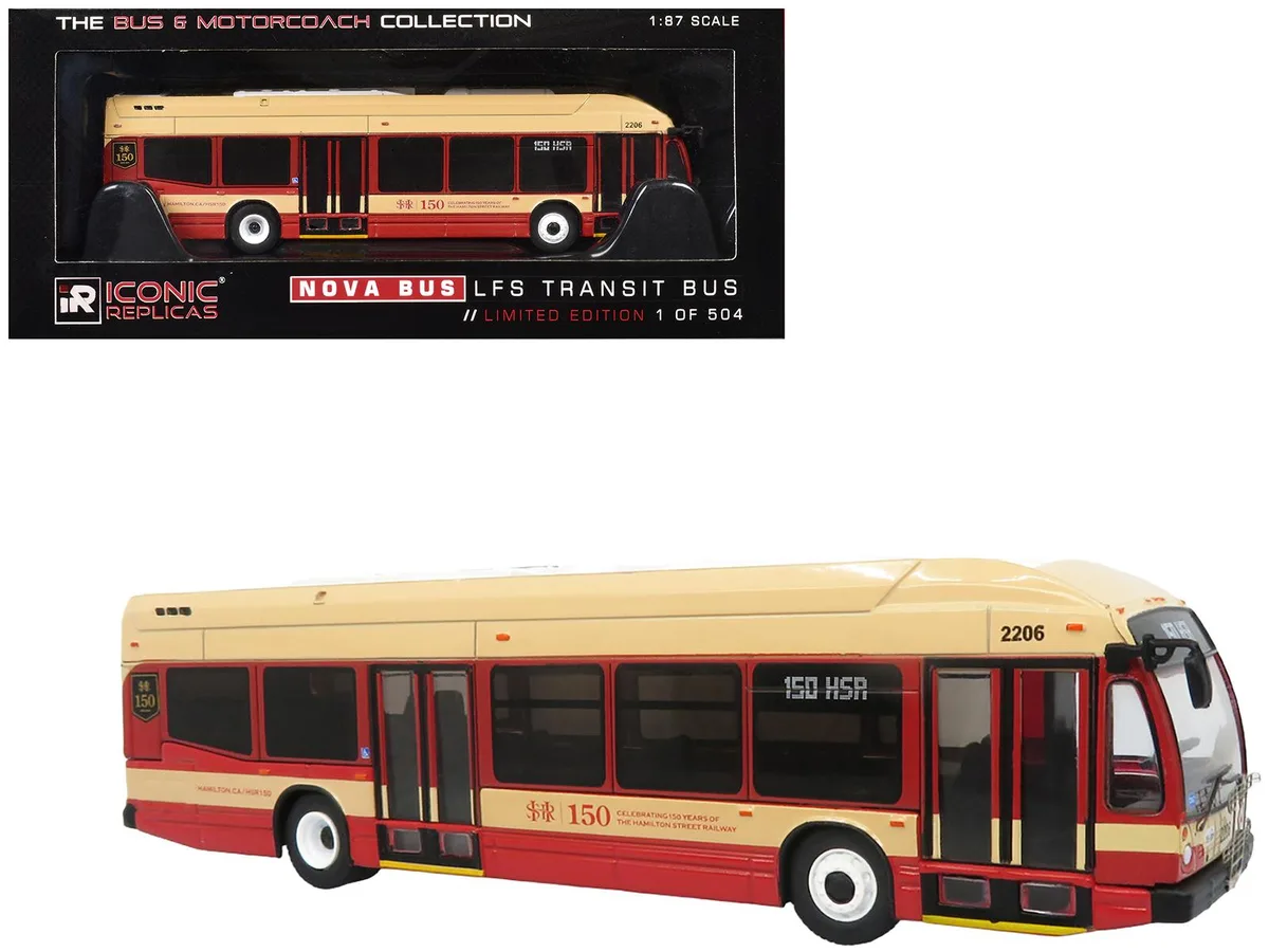 Iconic Replicas Iconic Replicas Nova Bus LFS HEV 1/87 Hamilton Street Railway 150th Anniversary Cream &amp; Red 504 pcs — product photo