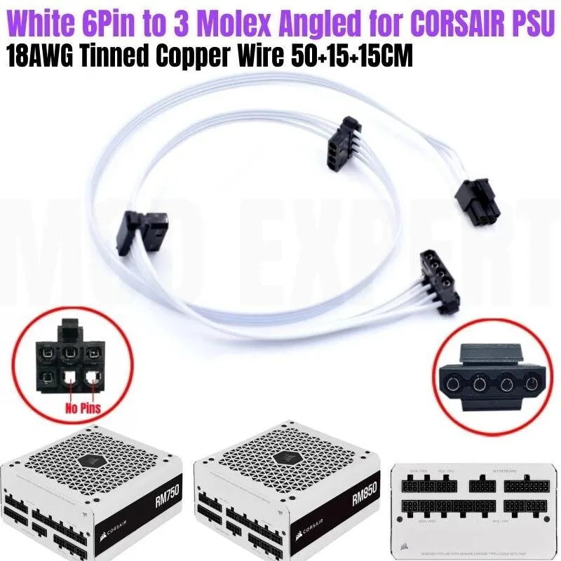 YEPLOOK YEPLOOK 6-pin to 3× Molex angled PSU cable 50+15+15 cm 18AWG — product photo