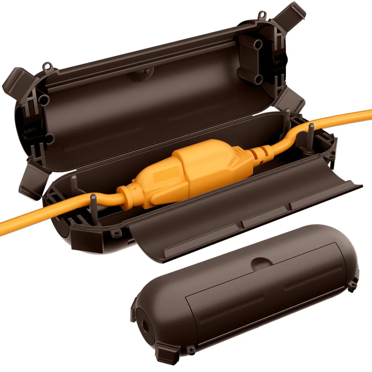 Two compact brown rectangular cord covers with latch lids and rubber-sealed cable entries