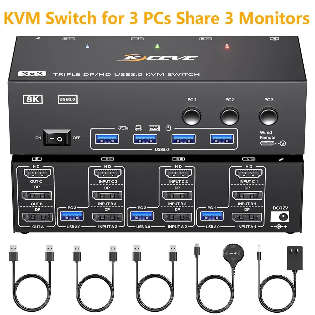 WRIARICH WRIARICH 303DH KVM Switch 3-Port HDMI + 2 DisplayPort 8K@60Hz 4×USB 3.0 — product photo