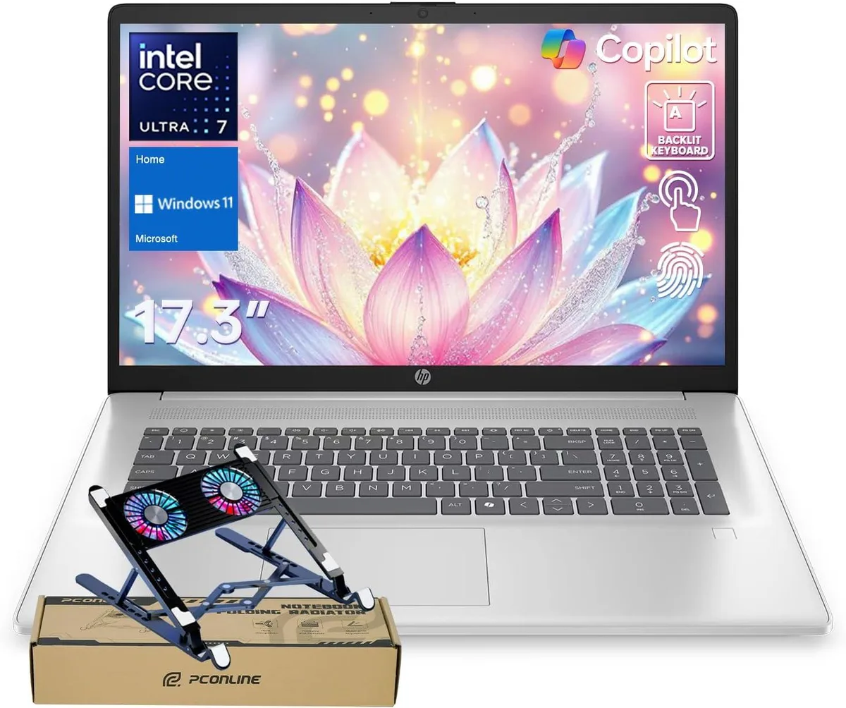 HP HP Essential 17T laptop Intel Core Ultra 7 255U 64GB DDR5 4TB SSD 17.3" HD+ touchscreen bundle PCO cooler — product photo