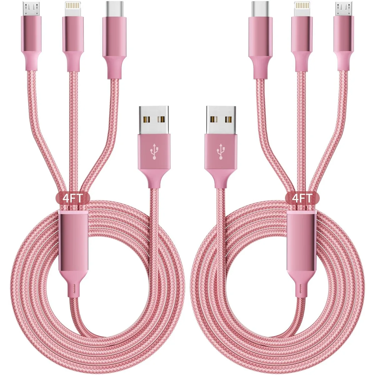 Two flat braided cables with three connectors each type C micro USB and lightning