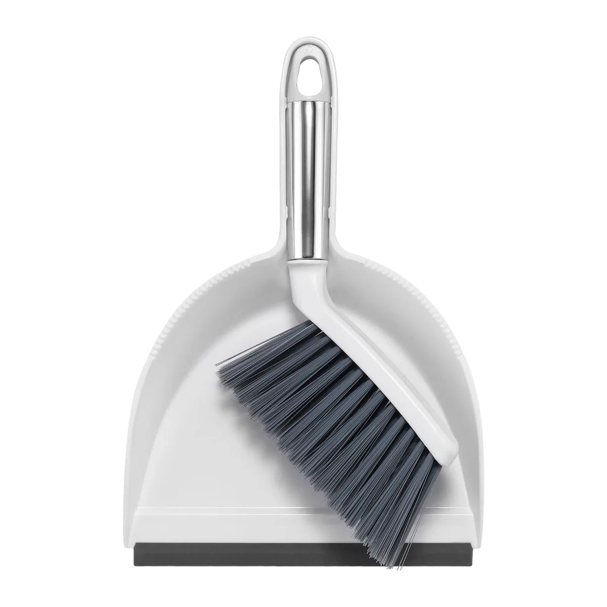 White and grey mini broom and dustpan set with silicone-edged pan and hanging teeth