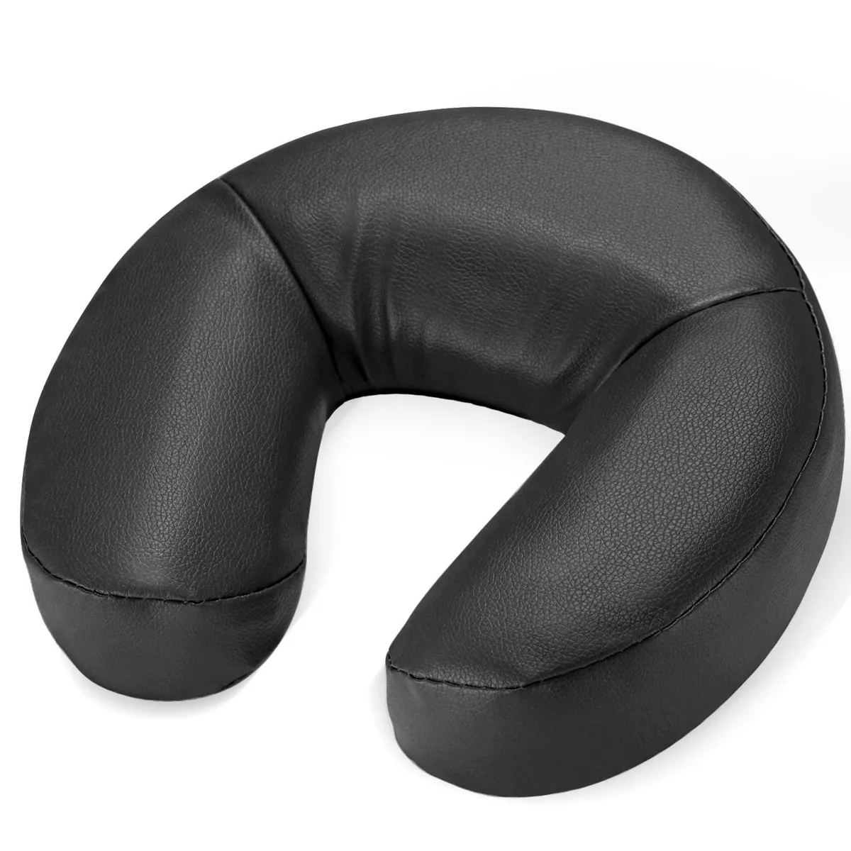 Black U-shaped face cradle cushion with PU leather cover and memory foam core, velcro straps underneath