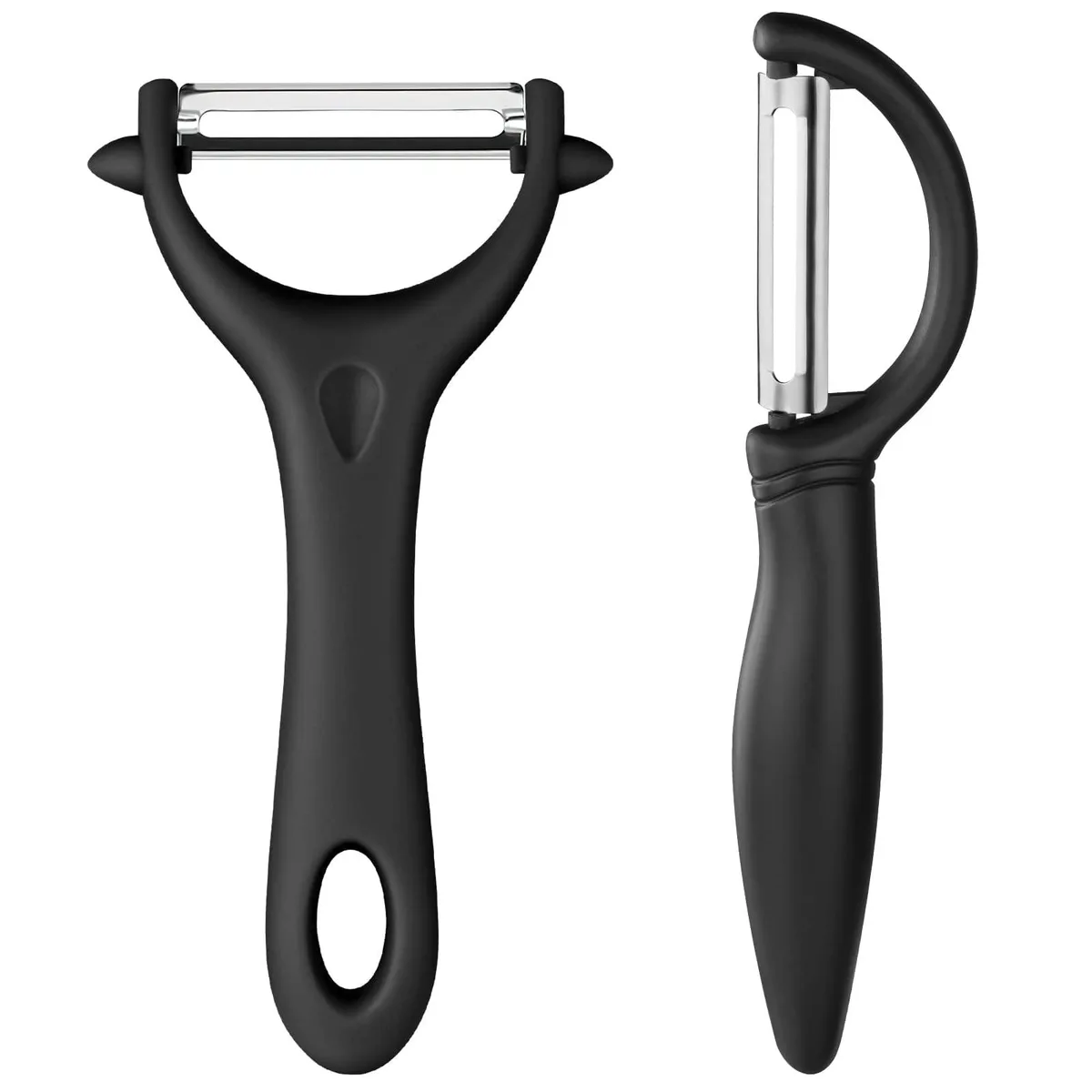 Two black peelers: one Y-shaped, one swivel, soft-touch handles, stainless steel blades