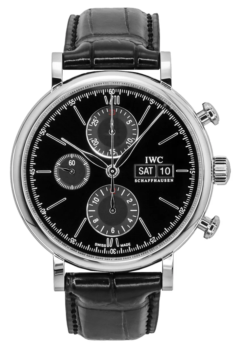 Round stainless steel watch with black dial, leather strap, 43mm case
