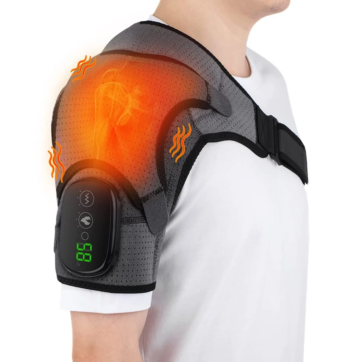 Grey neoprene shoulder wrap with LED display, adjustable straps and USB cable