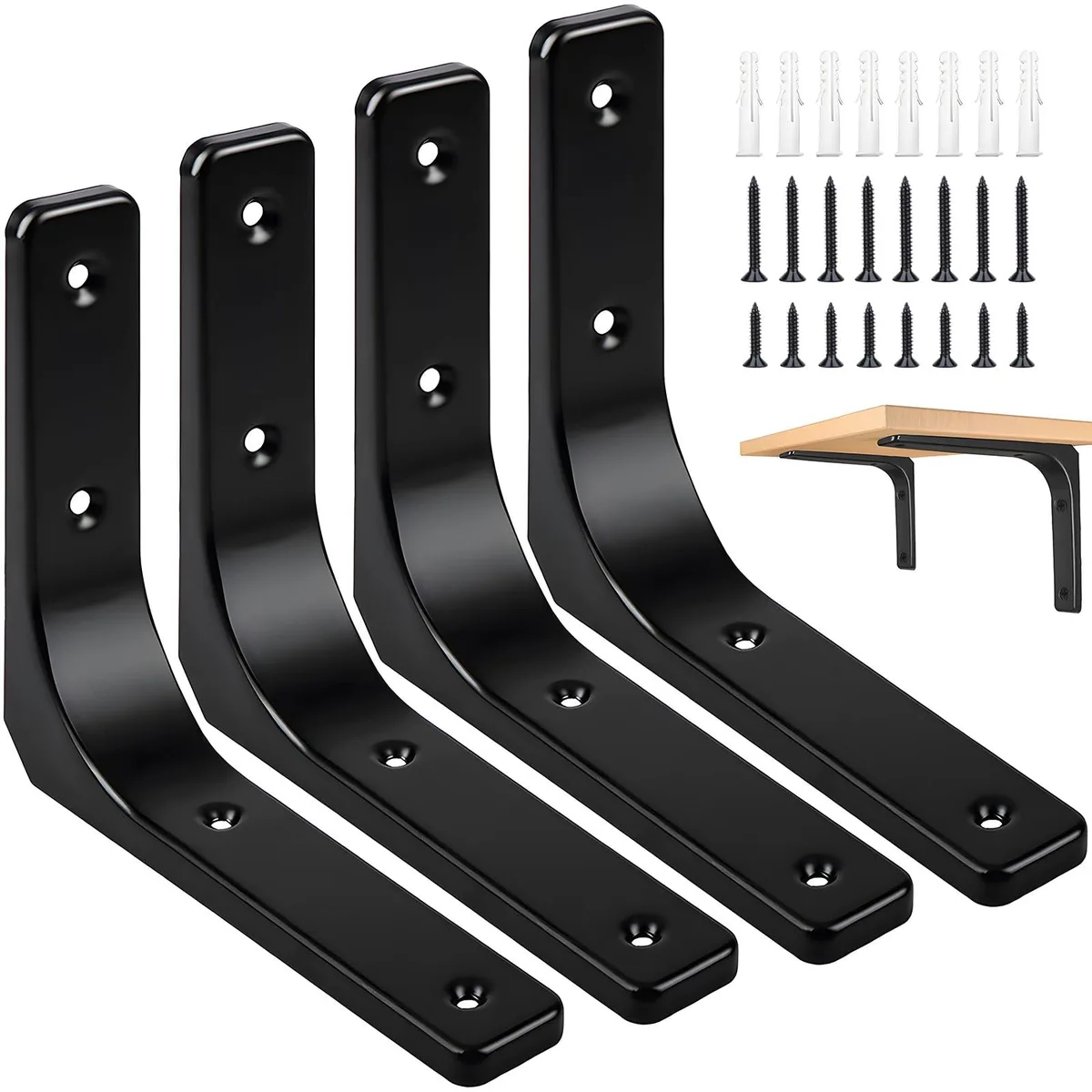 Four black L-shaped steel brackets with polished chrome finish and rounded corners