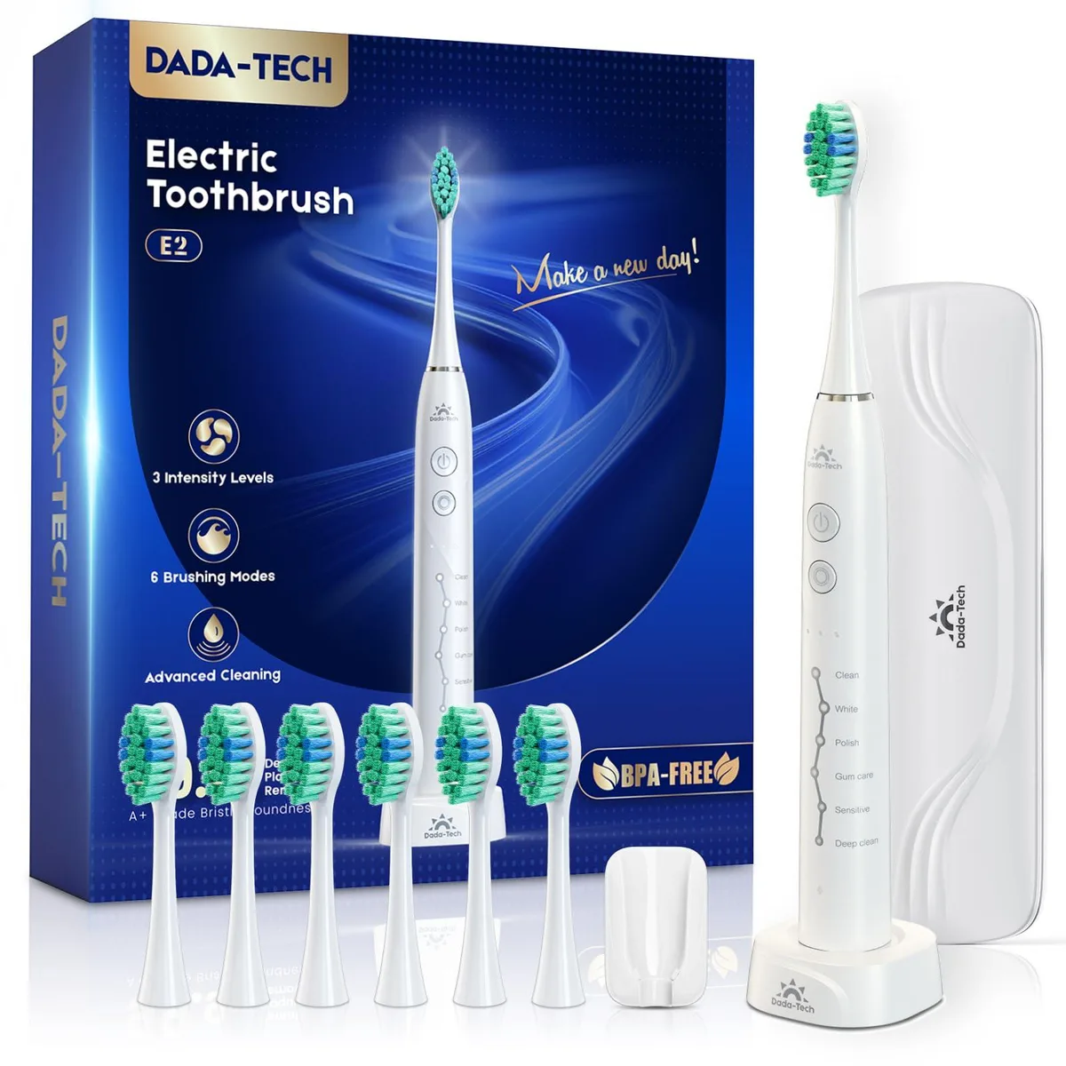 White sonic toothbrush with ergonomic handle, travel case, holder and seven brush heads