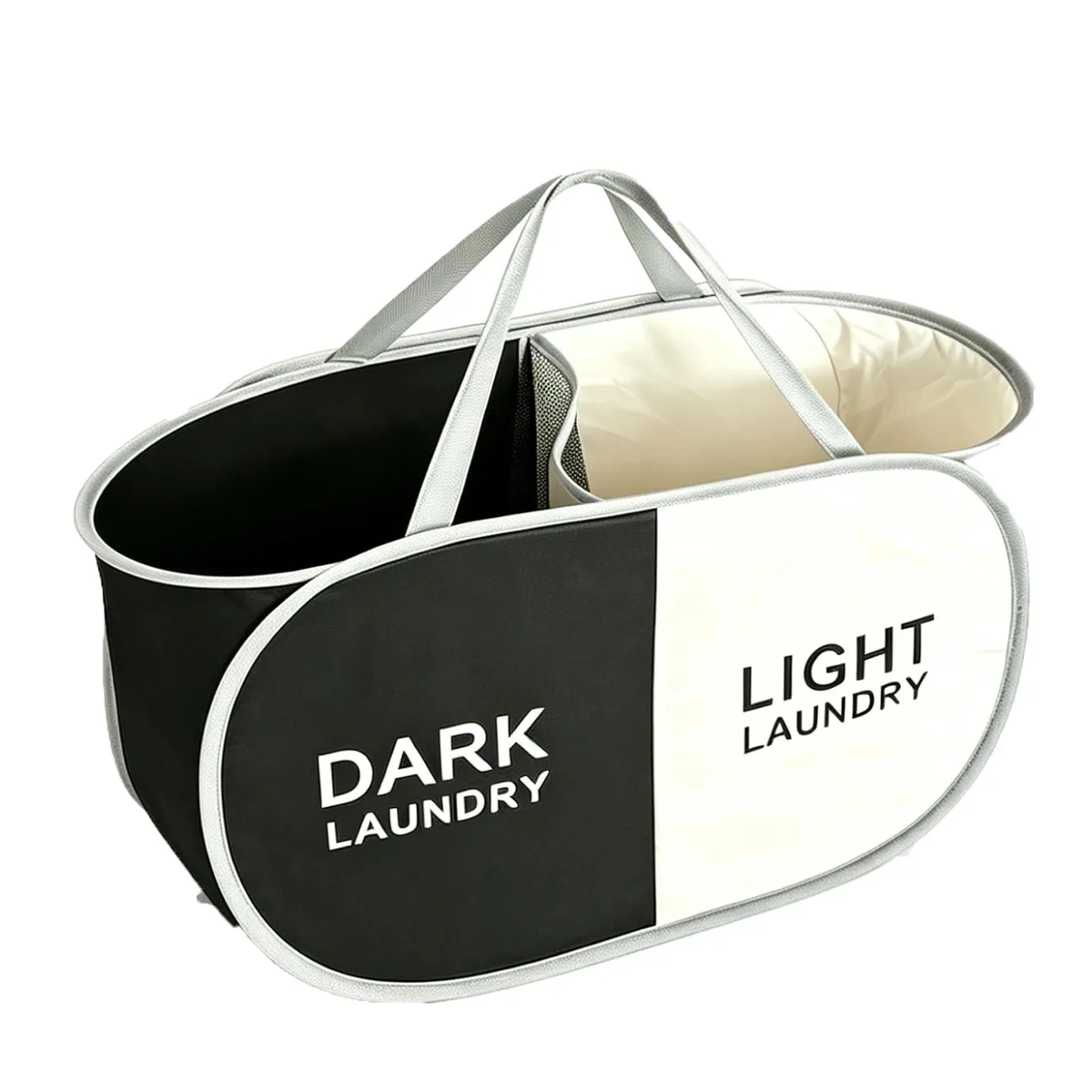 Black and beige collapsible pop-up laundry hamper with two compartments