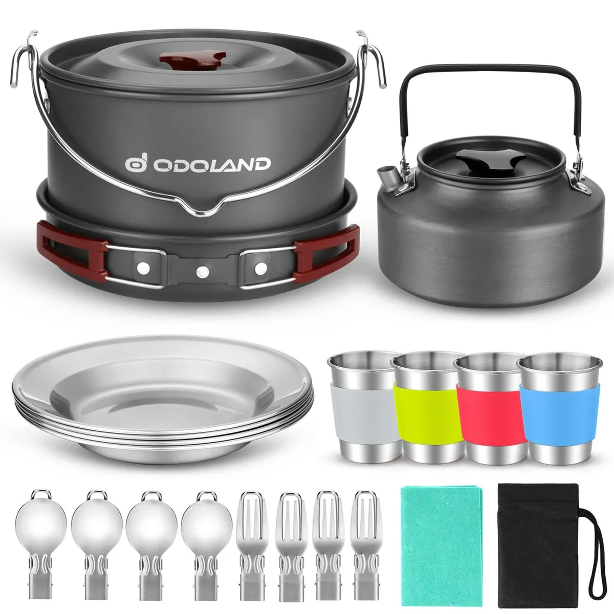 Black 22-piece camping cutlery set with pots, pan, kettle, cups, dishes, utensils and carry bags