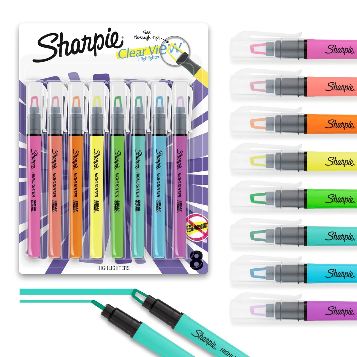 Eight Sharpie Clear View highlighters, chisel tips, assorted colours, plastic barrels