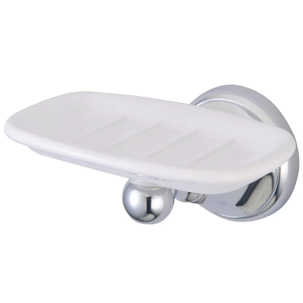 Chrome-finished brass soap dish, rectangular with curved edges, wall-mounted design