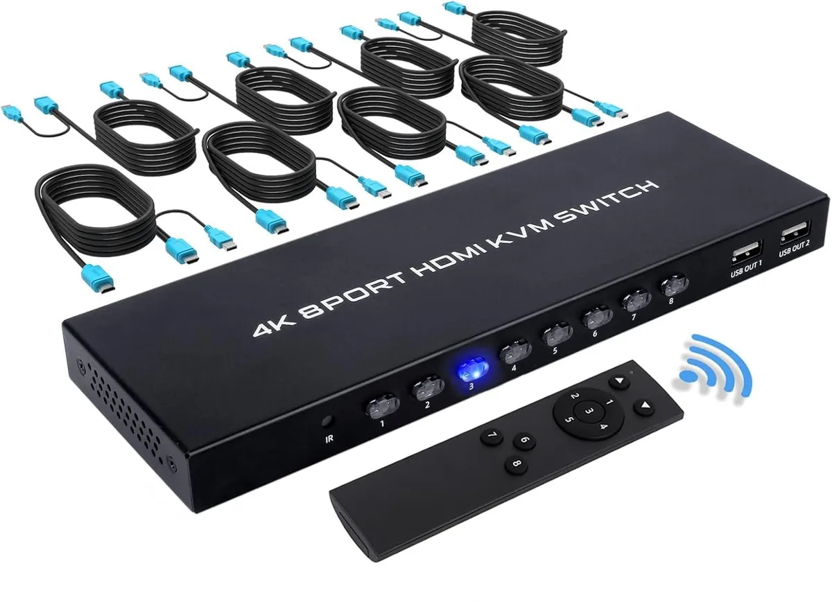 WRIARICH WRIARICH 8 Port HDMI KVM Switch 4K@30Hz with 8 Cables &amp; IR Remote — product photo