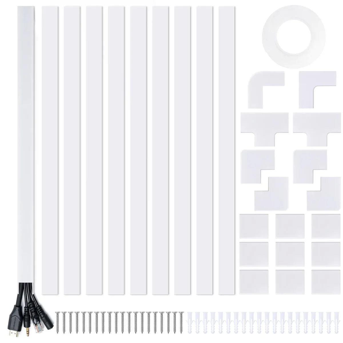 White PVC cord cover kit with ten channels and fittings, 157in total length