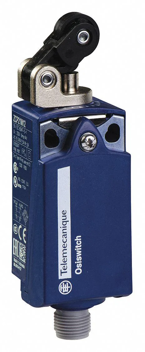 Compact grey limit switch housing with top-mounted roller lever actuator