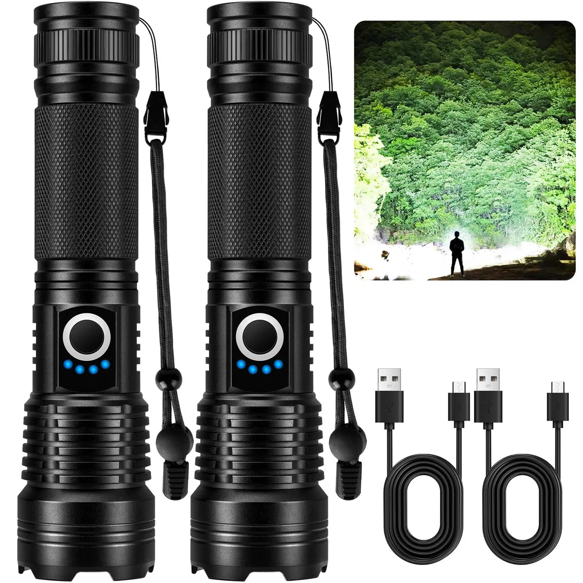 Two compact aluminium flashlights with adjustable heads and USB charging ports