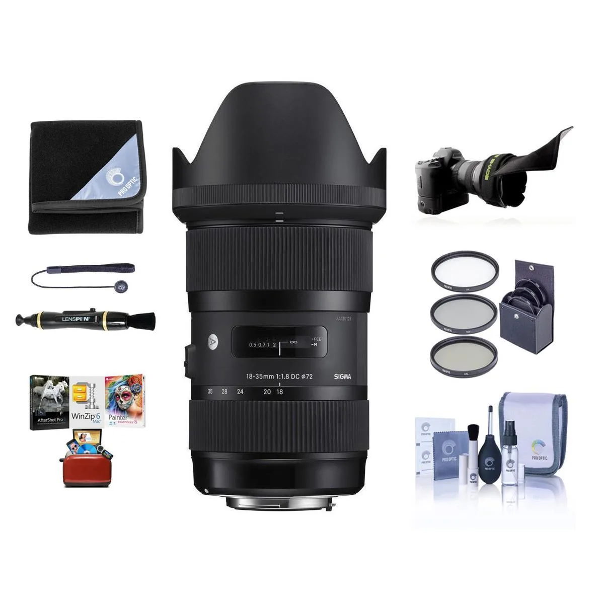 SIGMA SIGMA 18-35mm f/1.8 DC HSM Art Lens for Nikon F with ProOptic 72mm Filter Kit Flex Shade Cleaning Kit — product photo