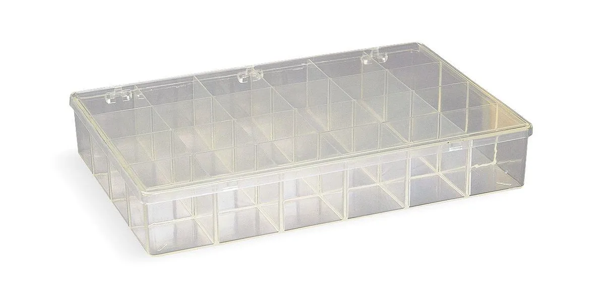 Clear plastic rectangular box with 24 compartments
