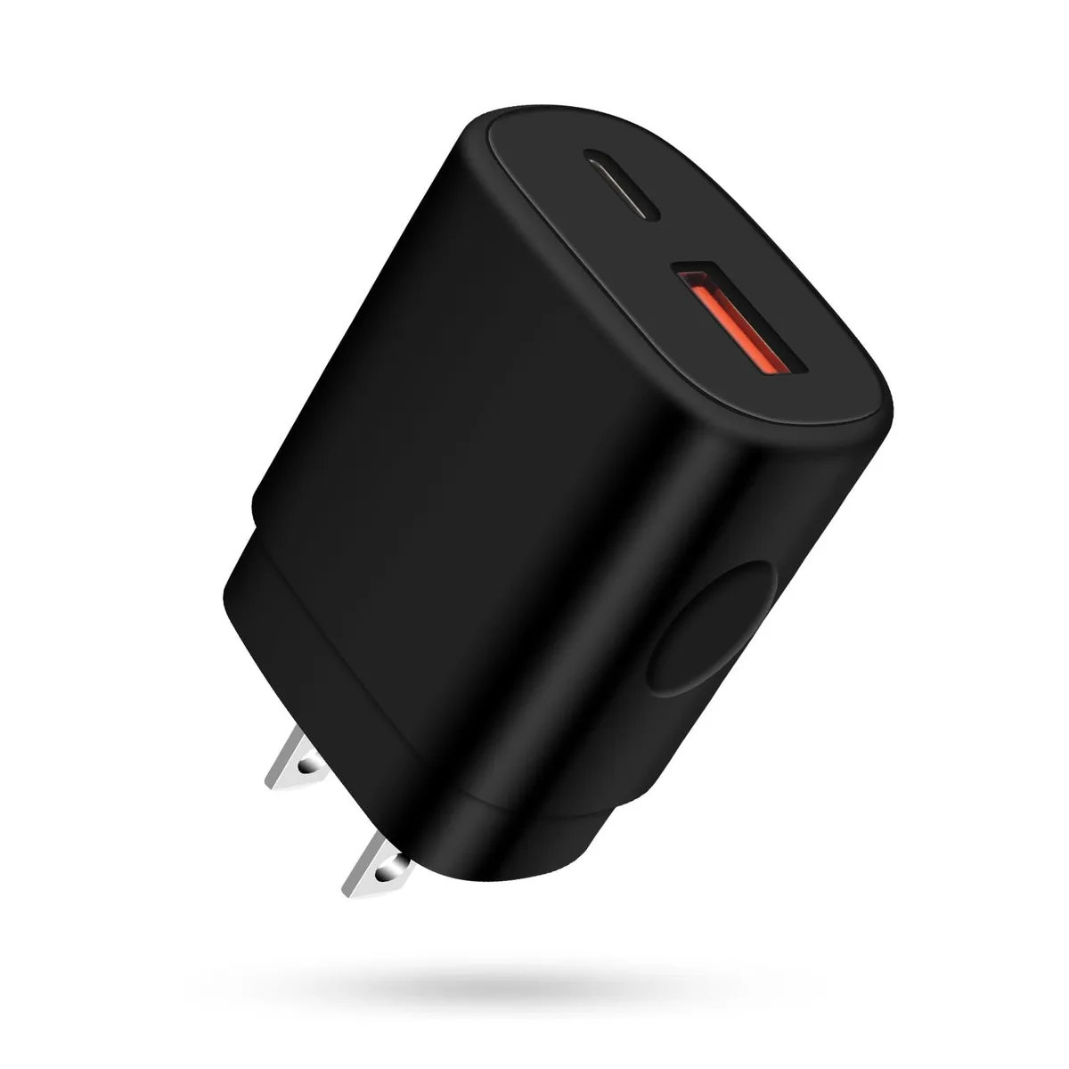 Compact white wall charger with foldable prongs, one USB-C and one USB-A port