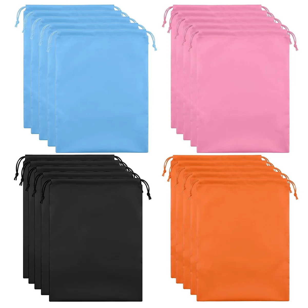 Twenty drawstring shoe bags in orange black pink blue PEVA material 15.7 by 11.8 inches