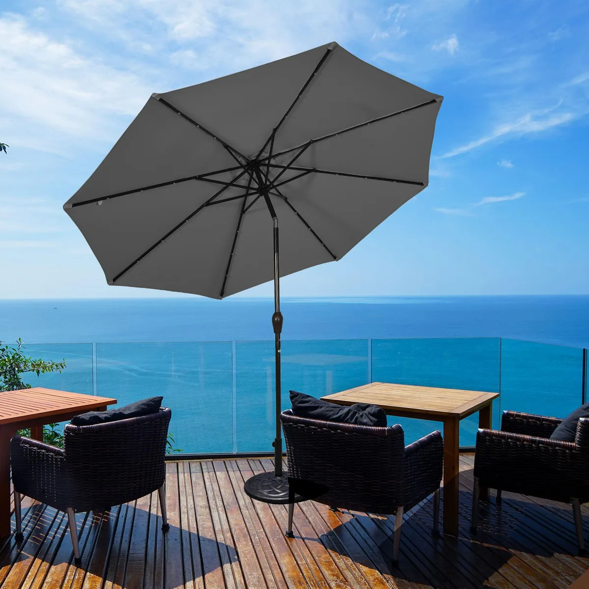 Grey 10-foot patio umbrella with 24 solar LED lights, crank lift, tilt button, vented canopy, 1.5-inch pole, 8 ribs