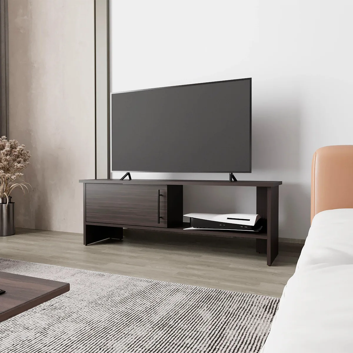 Stained walnut TV stand with open shelves and single door