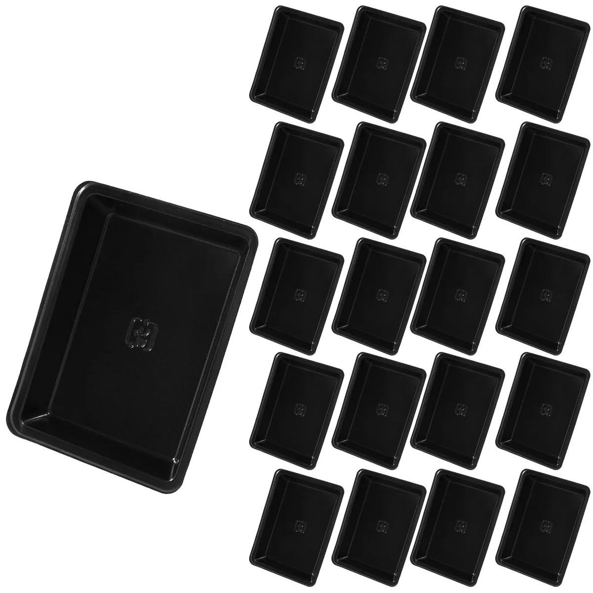 Forty black rectangular plastic dipping plates, three by two point two inches