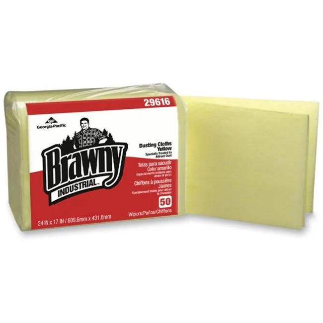 Yellow Brawny Industrial dusting cloths in moisture-resistant poly packaging, 200 per carton