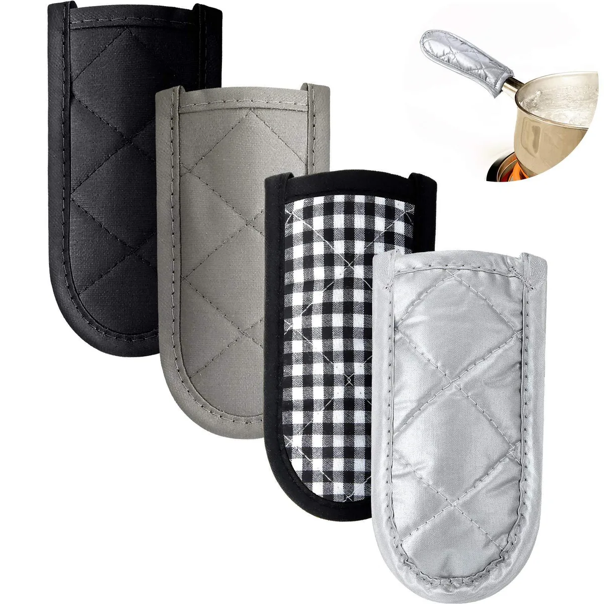 Four black and grey fabric handle covers lying flat