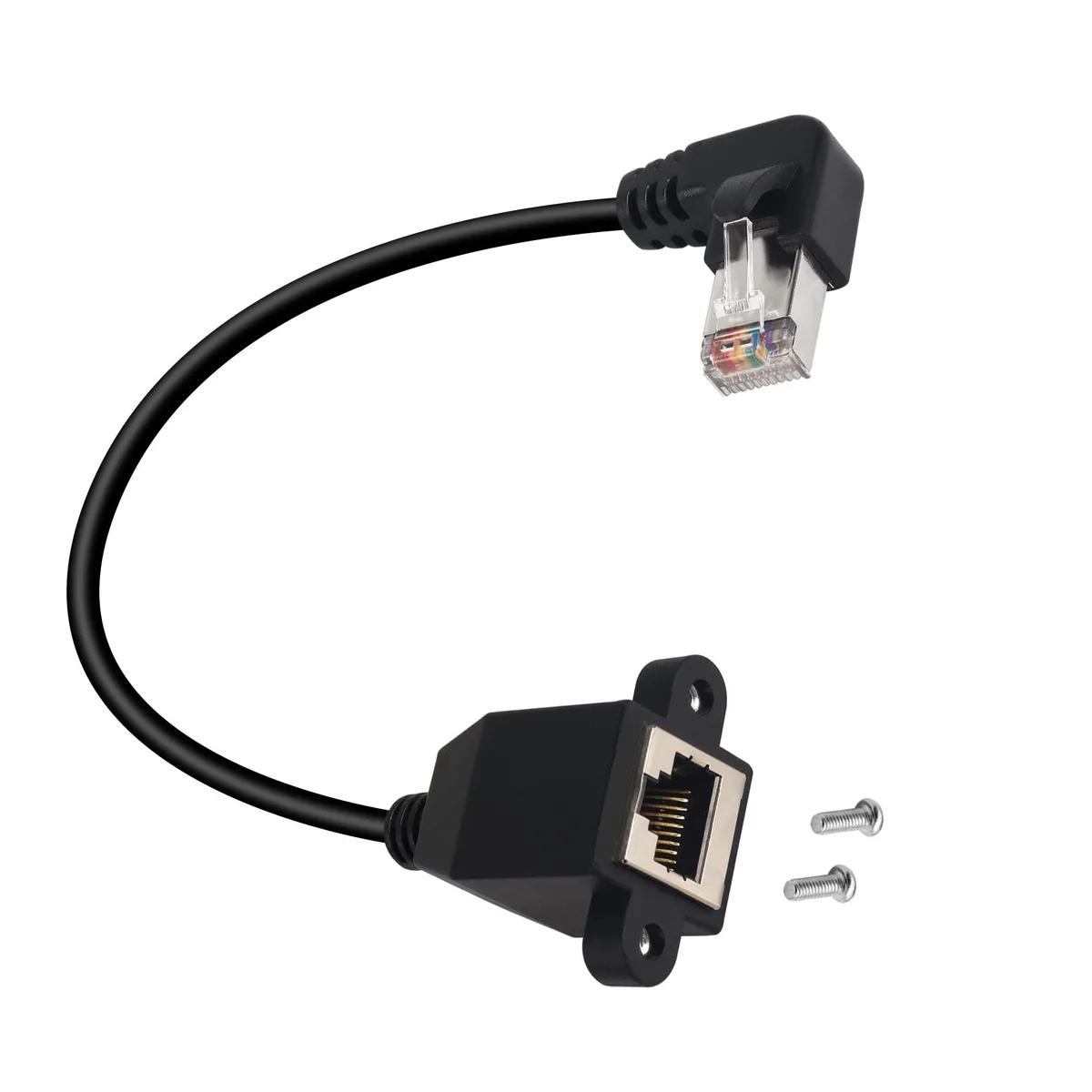 Black RJ50 10P10C right-angle male to female panel mount cable, 30cm