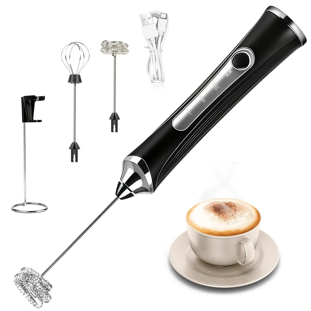  MAXI-MATIC Gcdaxour Handheld Milk Frother Rechargeable 3 Speed 2 Whisks Stand White — product photo