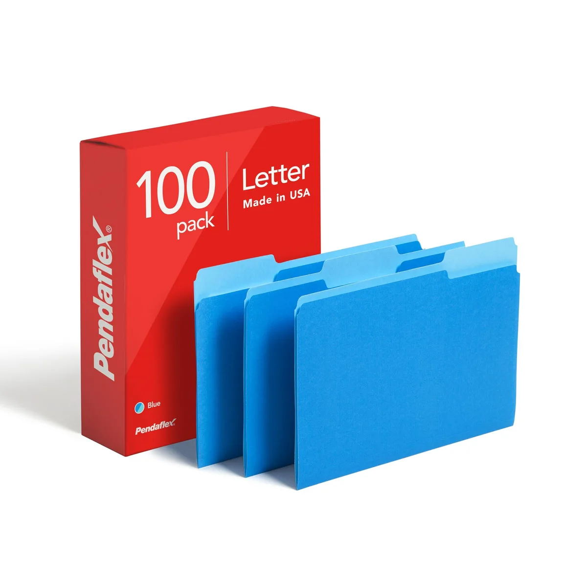 Box of 100 blue two-tone letter file folders with 1/3-cut tabs