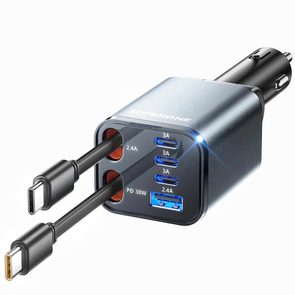  Ultra-Compact 6-Port 99W Car Charger with Dual Retractable USB-C Cables — product photo
