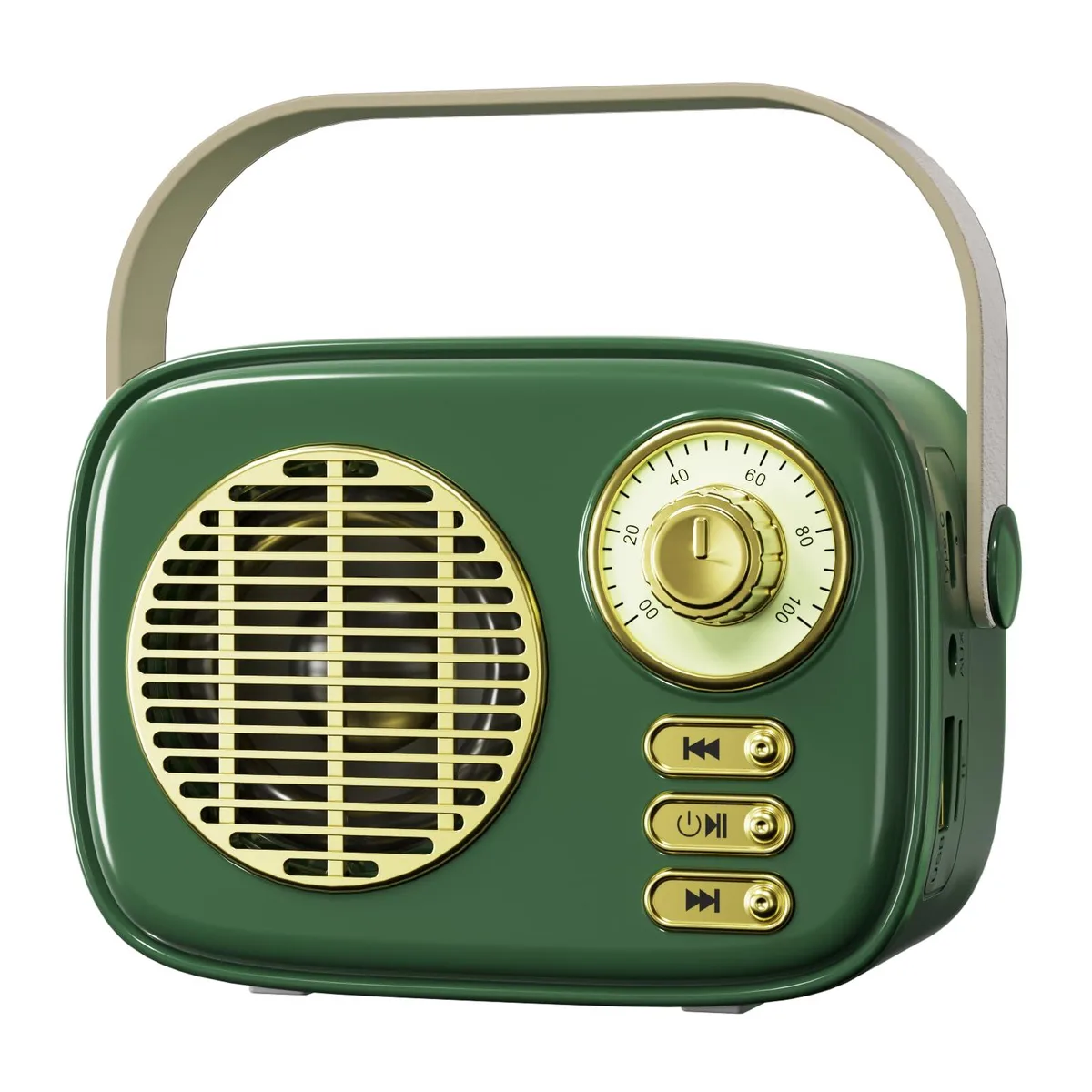 Small square green retro speaker with leather carry handle