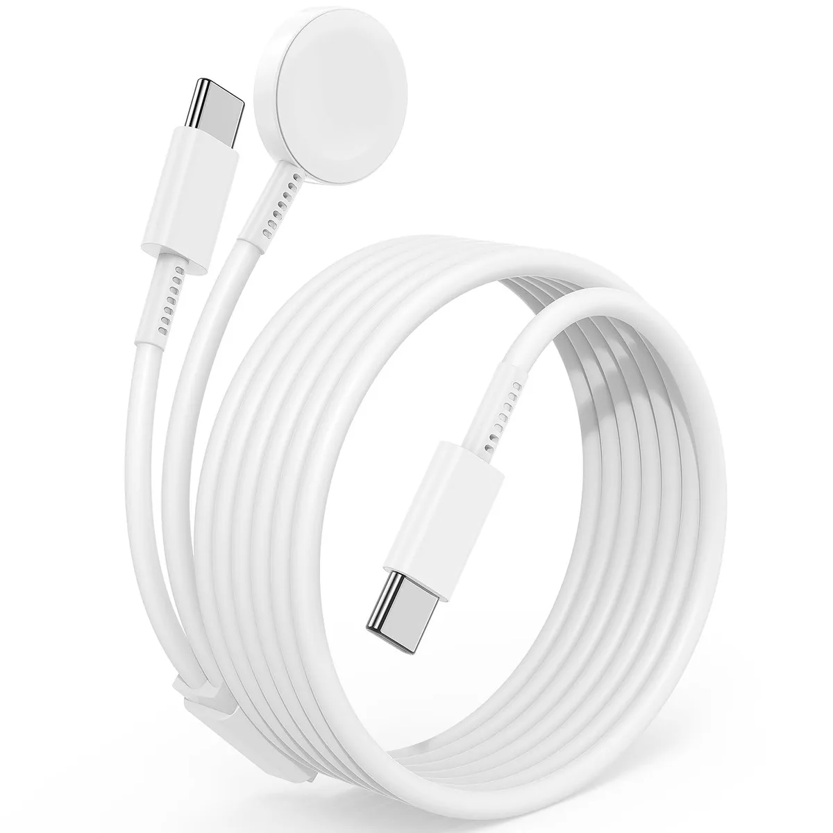 White 2-in-1 USB-C cable with magnetic Apple Watch charger and iPhone connector, 6ft