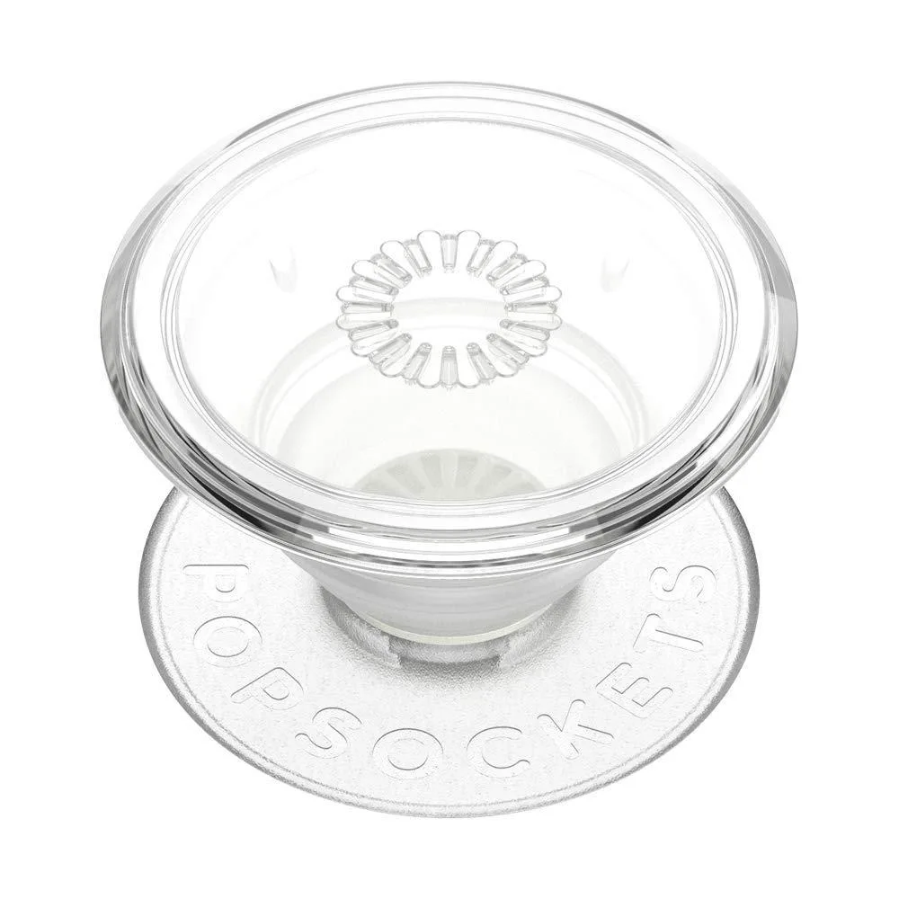 Clear adhesive phone grip with collapsible accordion stem, flat disc base, translucent finish