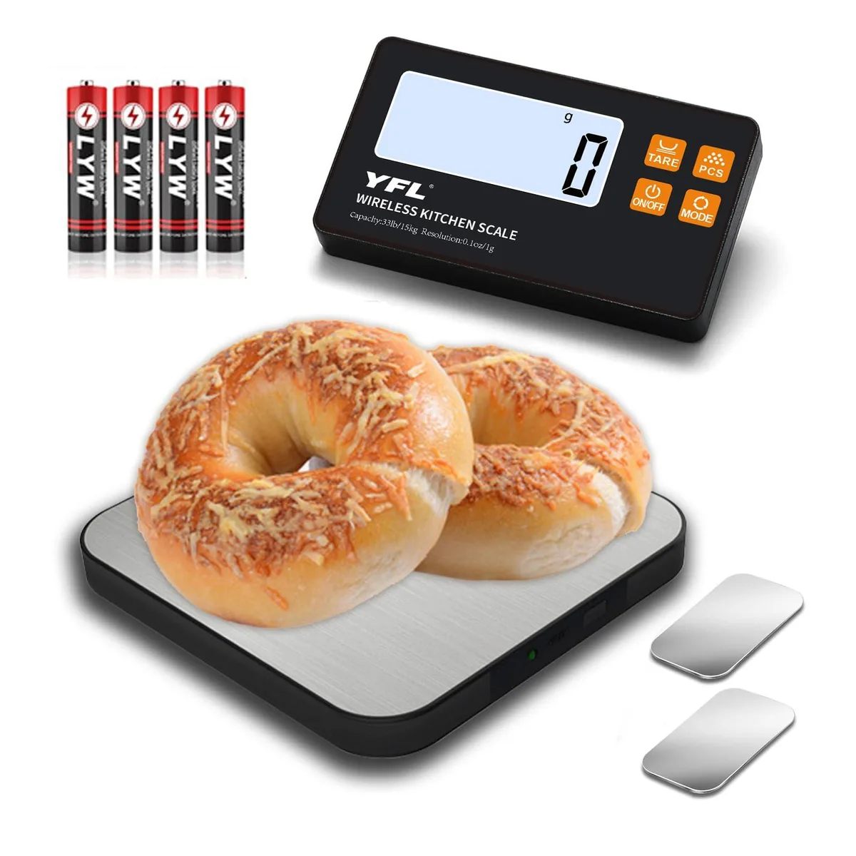 Yellow wireless kitchen scale with detachable remote display and stainless steel platform