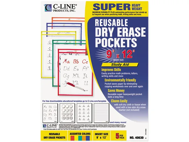 C-Line C-Line Dry Erase Pockets 9 x 12 Assorted 5 Pack 40630 — product photo