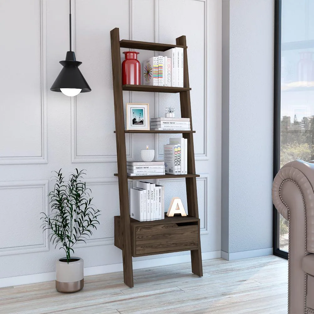 Dark walnut ladder bookcase with four open shelves and one drawer