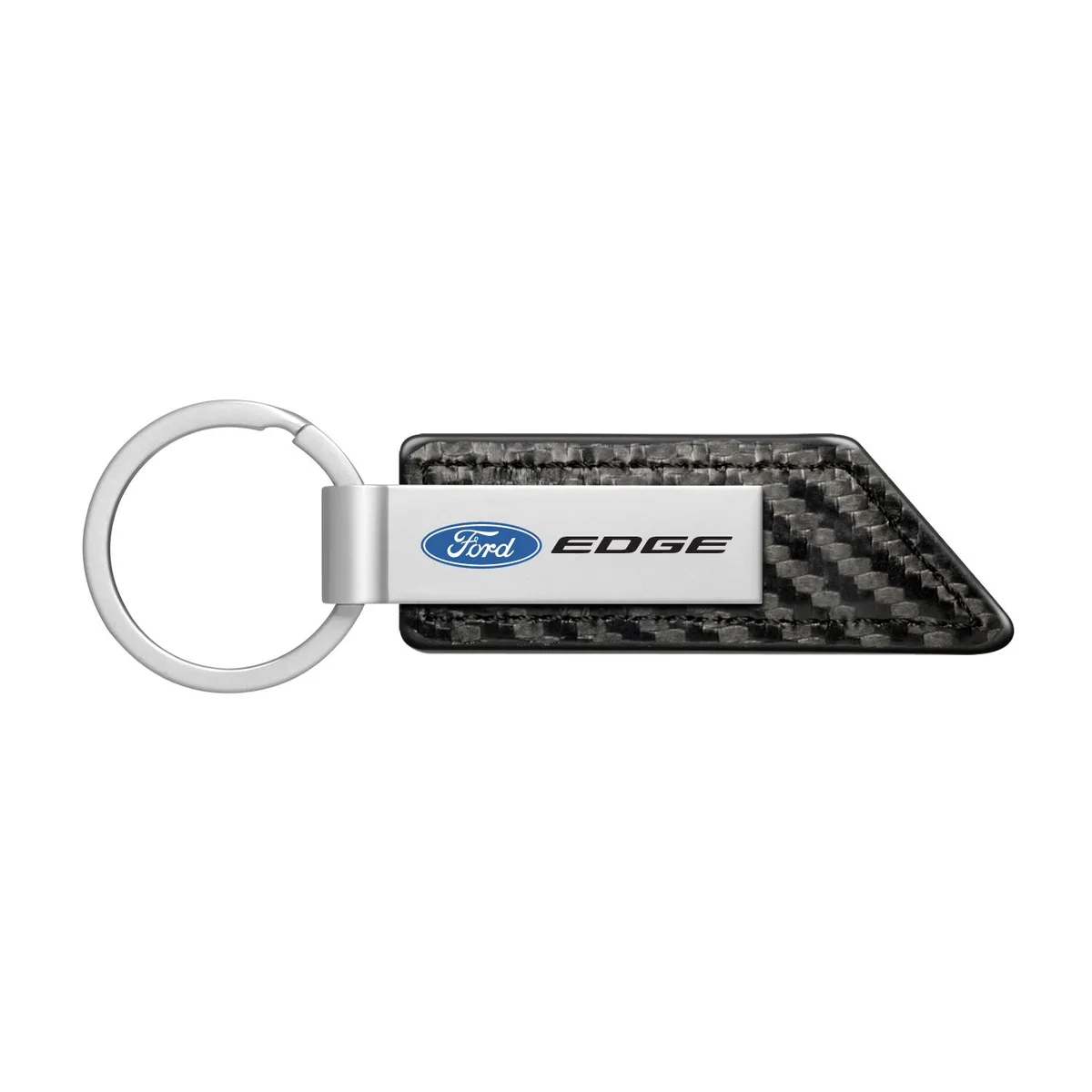 Black carbon-fiber texture PU leather key fob with metal Ford Edge logo strip and flat split ring