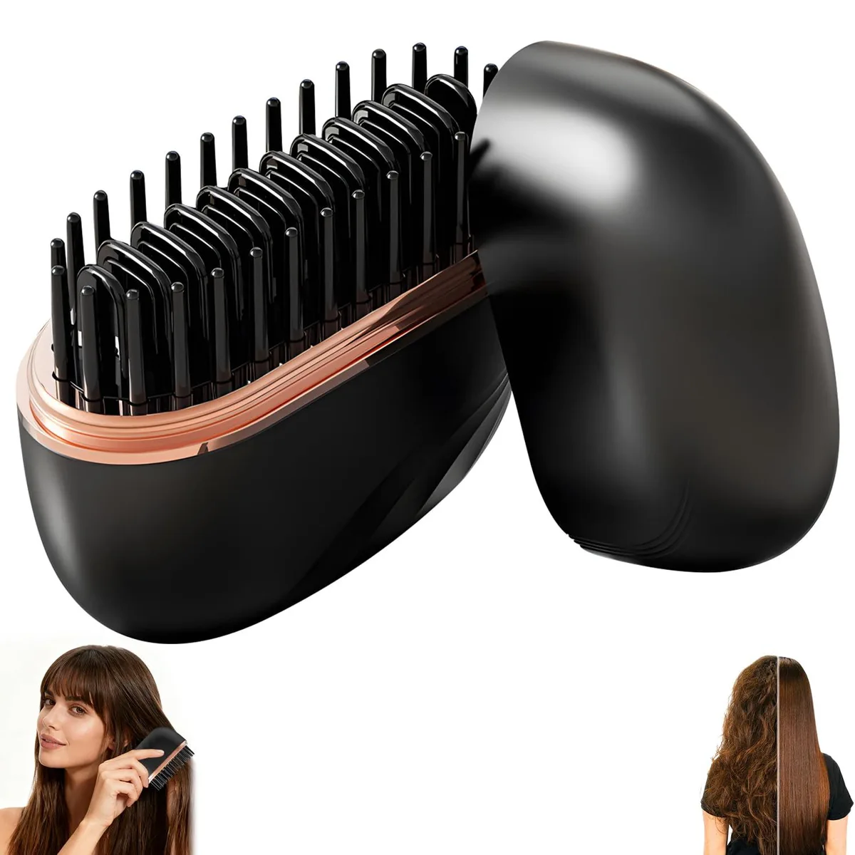 Compact black wireless straightening brush with heated bristles