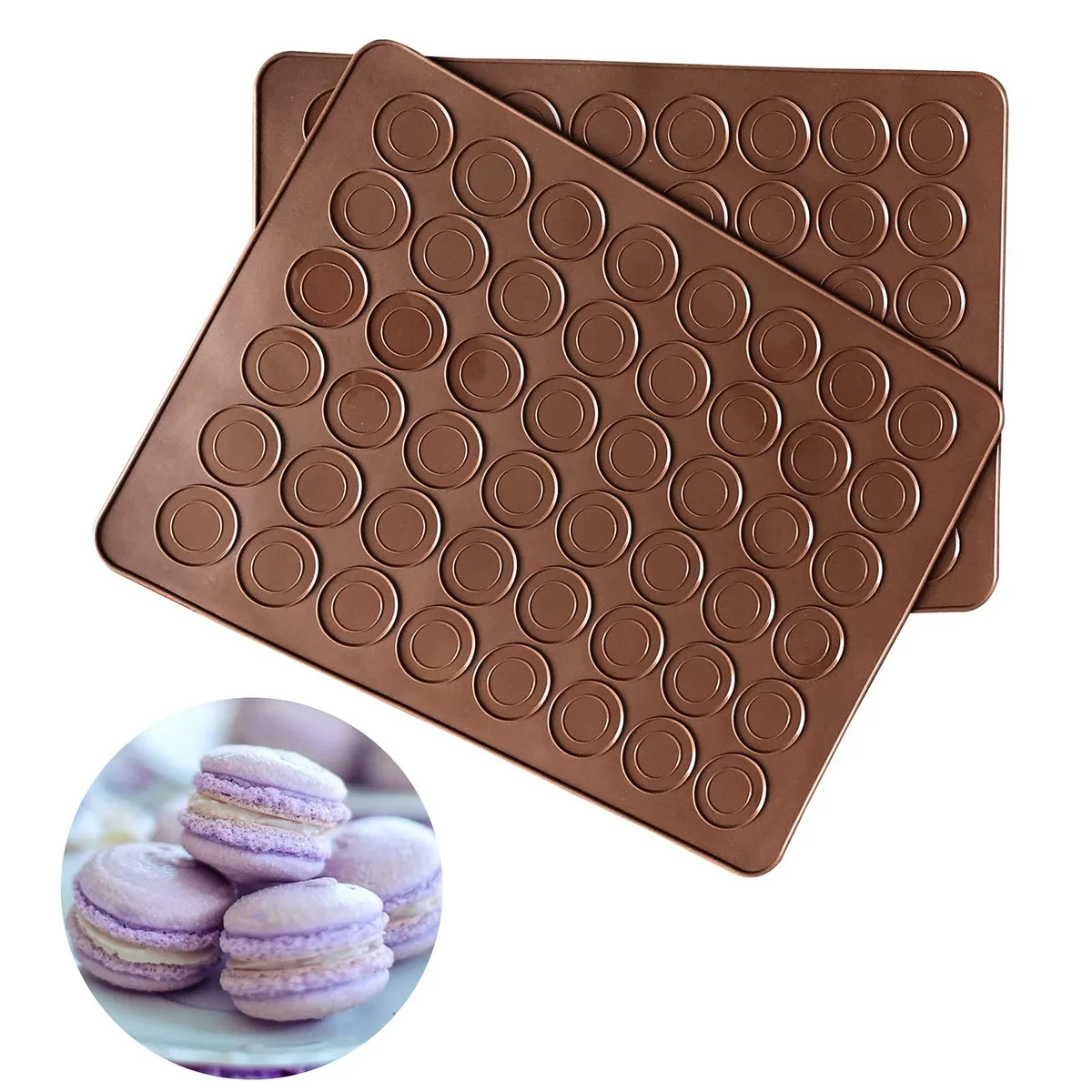 Two black silicone macaron mats with 48 cavities each