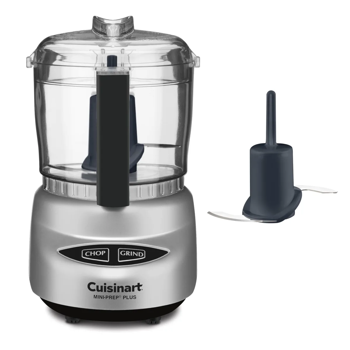 Compact 24-ounce food processor in brushed chrome with reversible stainless steel blade