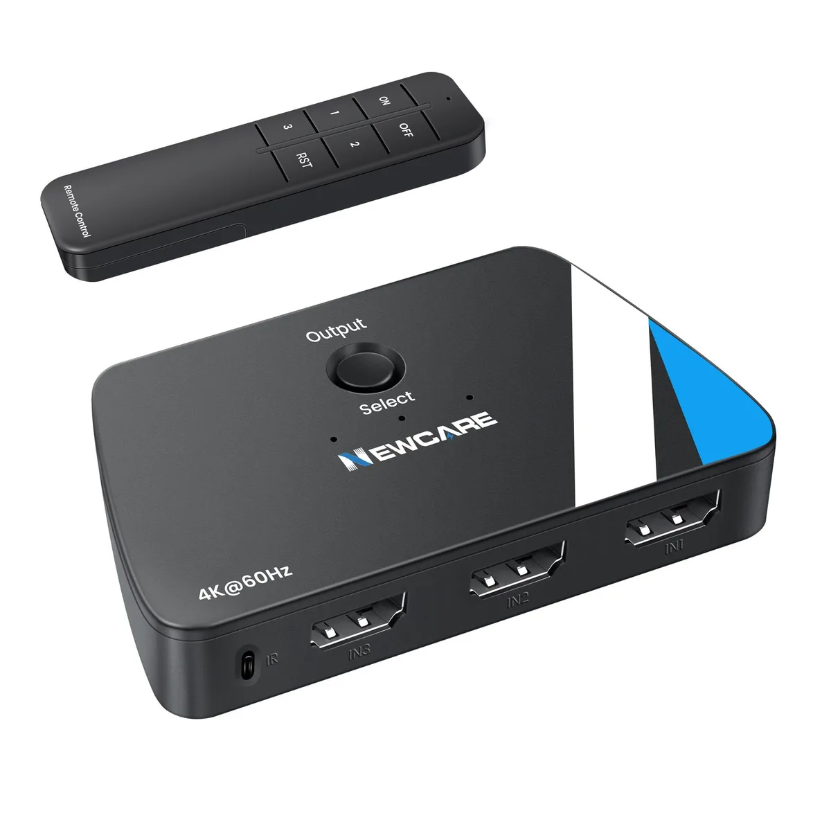 Compact black HDMI switch with three inputs and remote control