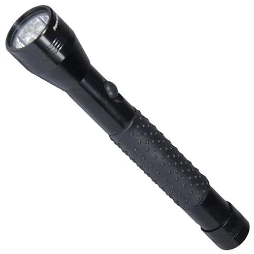 Black aluminium flashlight with rubber grip and four LEDs