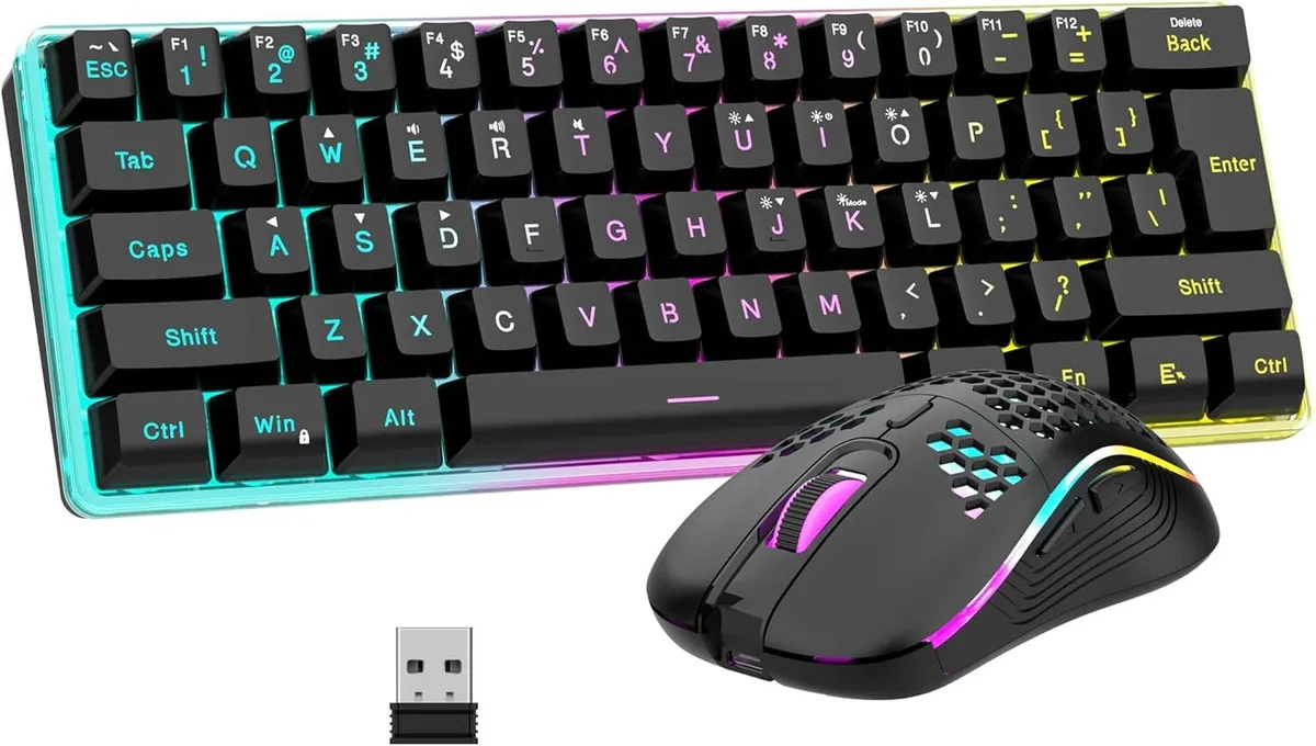 Compact 60 percent wireless keyboard and honeycomb mouse with shared USB receiver