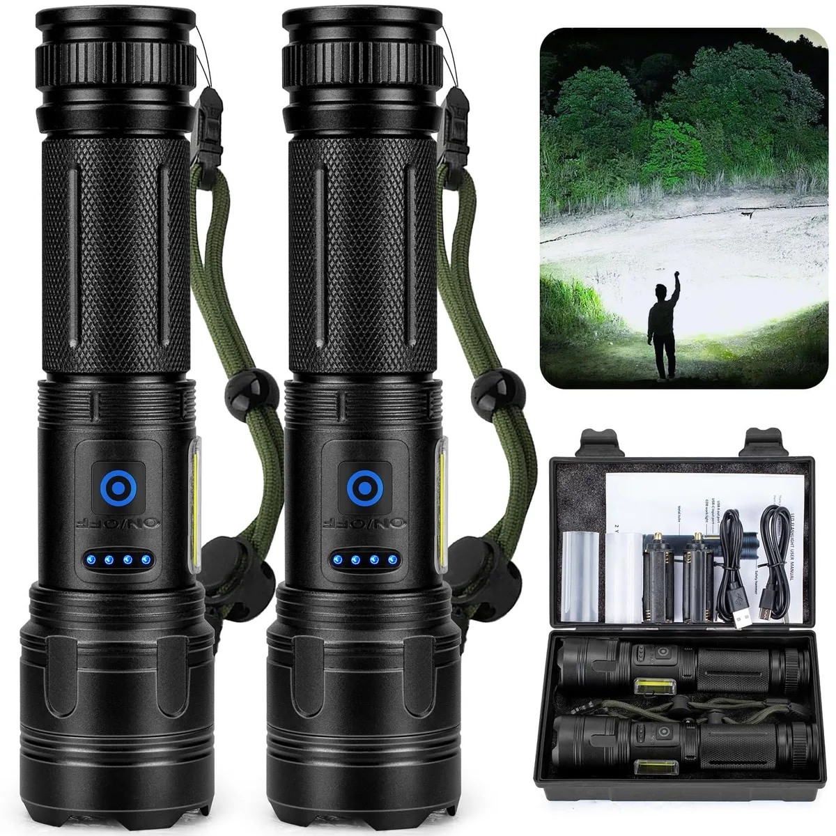 Two compact aluminium flashlights with COB side panels, matte grey finish, USB ports visible